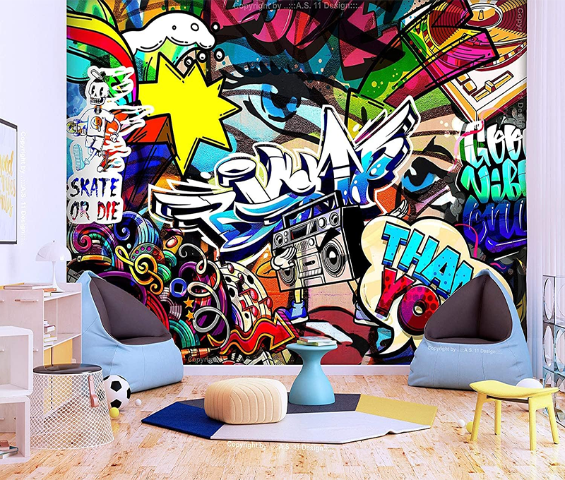 KOMNNI Custom 3d Mural Abstract Graffiti Eyes Wallpaper English Letters Graffiti Large Wallpaper Teen Boys Girls Room Wall Mural