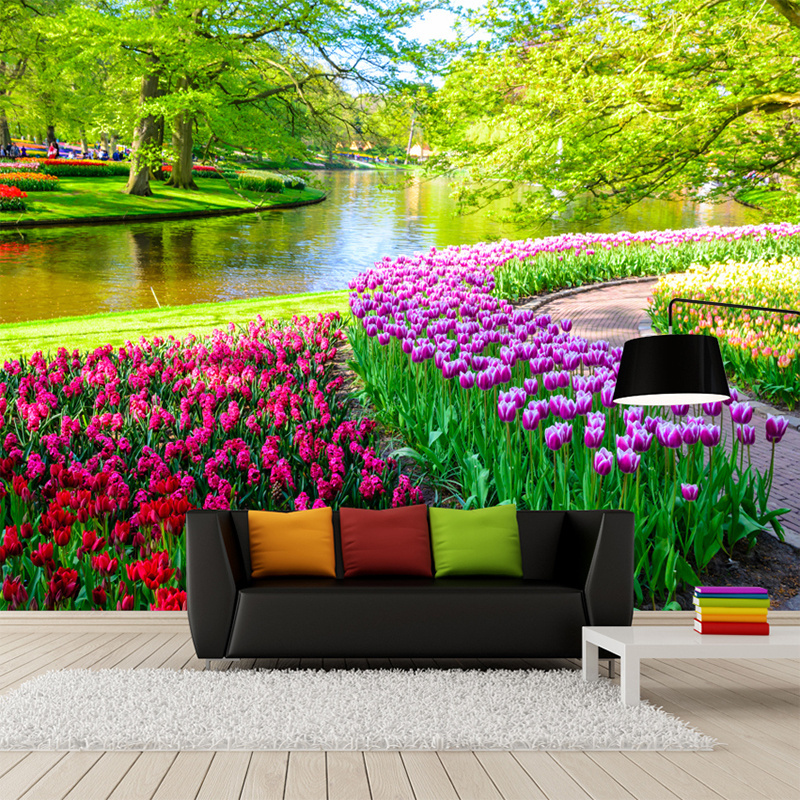 KOMNNI Fresh Natural Scenery Tulip Peel And Stick Wall Murals Fresco Living Room TV Sofa Background Wall Home Decor Wallpaper