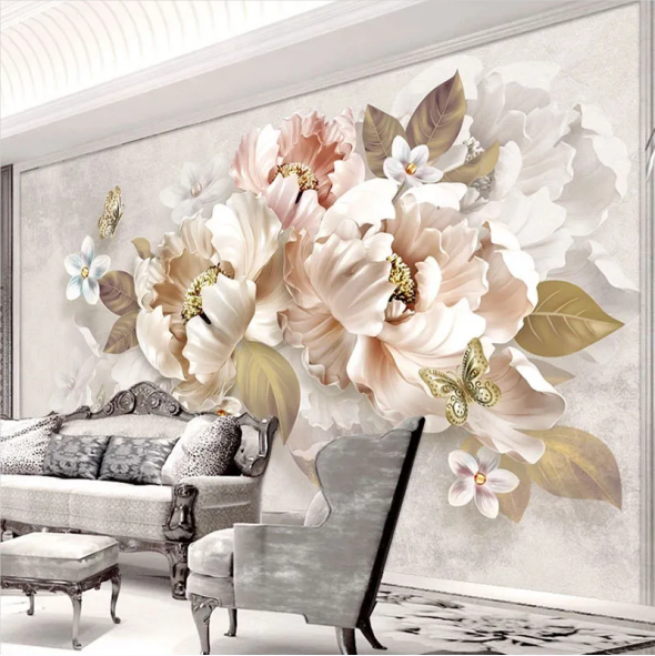 KOMNNI 3D Stereoscopic Relief Jewelry Flower Butterfly Wall paper TV Background Wallpaper Bedroom Living Room Modern Wall Mural