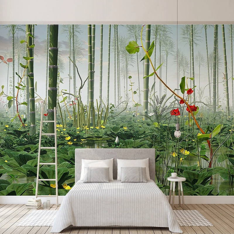 KOMNNI Custom Photo Wallpaper 3D Lotus Bamboo Forest Landscape Mural Living Room Bedroom Background Wall Muralaper