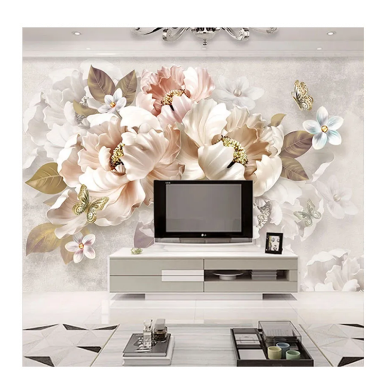 KOMNNI 3D Stereoscopic Relief Jewelry Flower Butterfly Wall paper TV Background Wallpaper Bedroom Living Room Modern Wall Mural