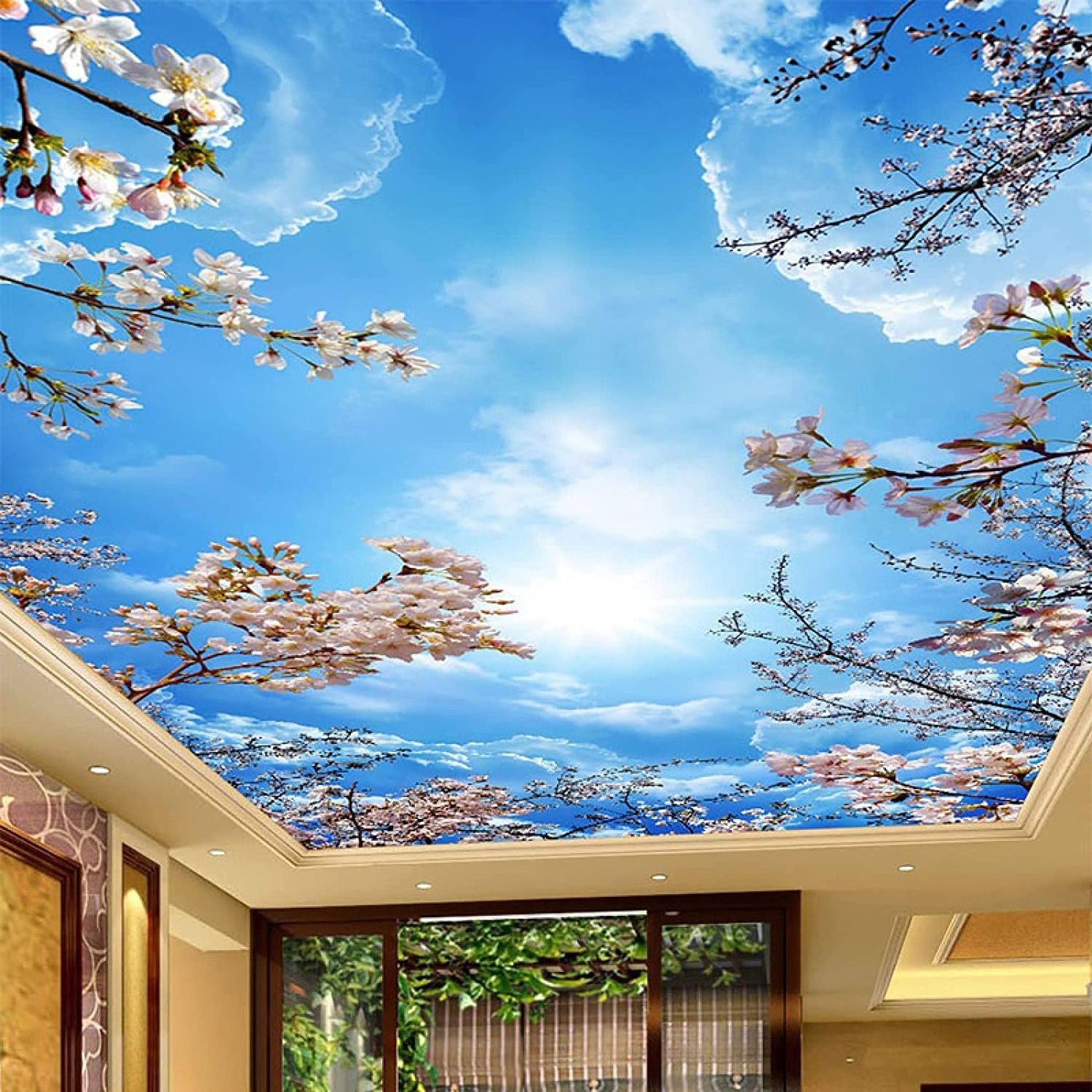 KOMNNI Custom 3D Ceiling Wall Mural Blue Sky White Cloud Pink Cherry Blossom Ceiling Mural Living Room Bedroom Wallpaper