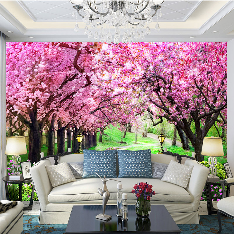 KOMNNI  3D Self-Adhesive Wallpaper Cherry Tree Garden Path Landscape Backdrop Wall Mural Living Room Bedroom Floral Mural