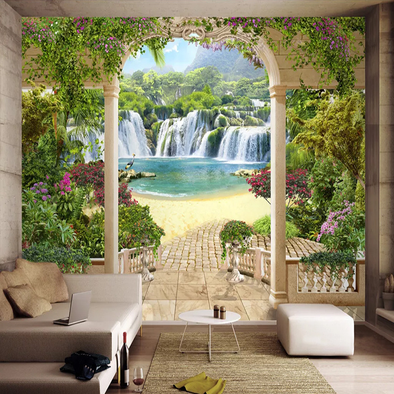 KOMNNI  Mural Garden balcony waterfall landscape Self-Adhesive Wallpaper Living Room TV Background Wall Sticker Wall Painting