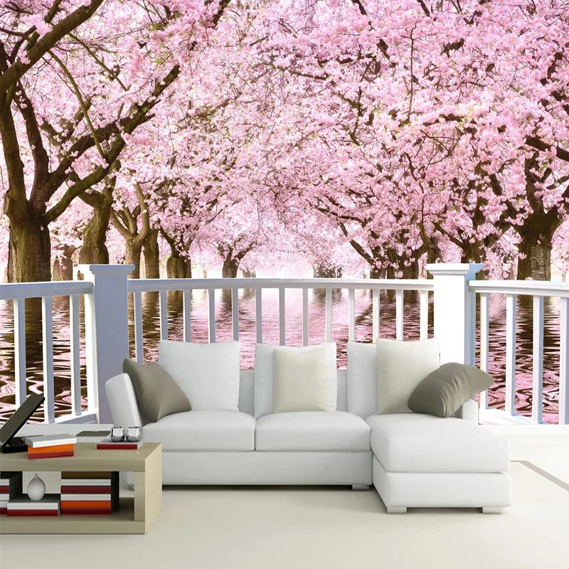 KOMNNI Custom Mural Cherry Blossom Tree Balcony 3d Landscape Wall Paper For Living Room Bedroom Wallpaper Decor