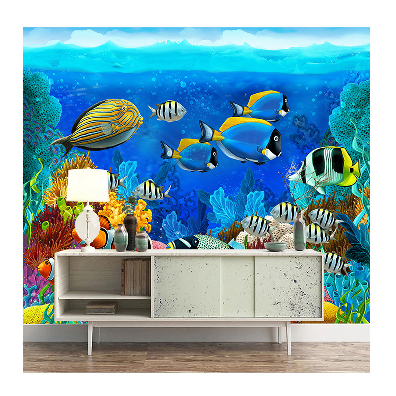 KOMNNI 3D Cartoon Self-Adhesive Mural Wallpaper For Kids Room Wall Paper Underwater World Fish Coral And Aquatic Plants Fresco