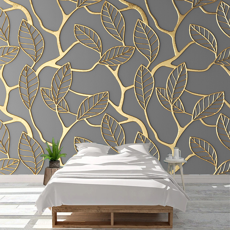 KOMNNI Custom Self-Adhesive Wall Mural 3d Gold Leaves Mural Living Room Bedroom Decoration Wall Paper Fresco