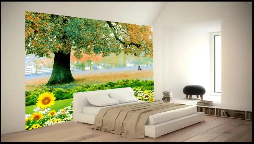 KOMNNI Custom Mural Big Tree Grass Flowers 3d Wall Murals Butterfly Landscape Wallpaper For Bedroom Home Decor