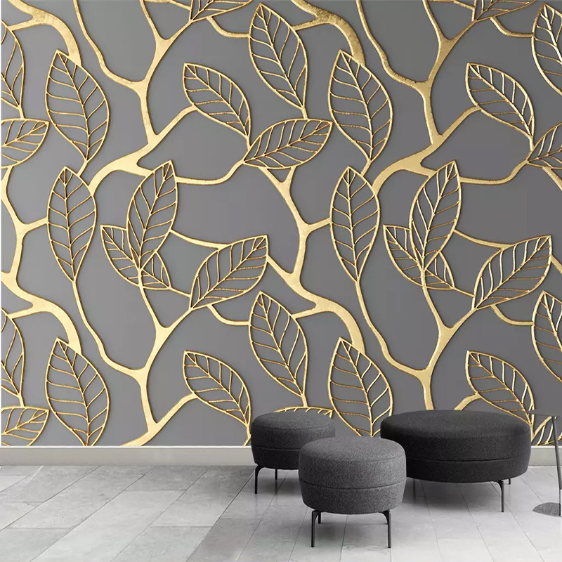 KOMNNI Custom Self-Adhesive Wall Mural 3d Gold Leaves Mural Living Room Bedroom Decoration Wall Paper Fresco