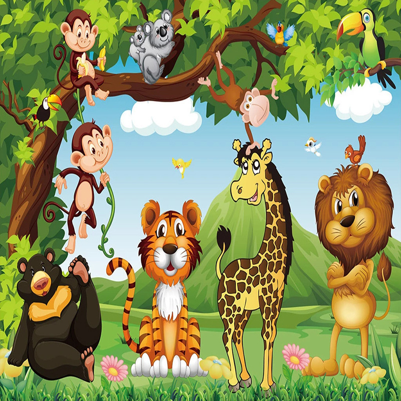 KOMNNI Custom Mural Wallpaper 3D Cartoon Forest Animal World Children Kids Room Bedroom Wall Painting Wallpaper Lion Tiger Monke