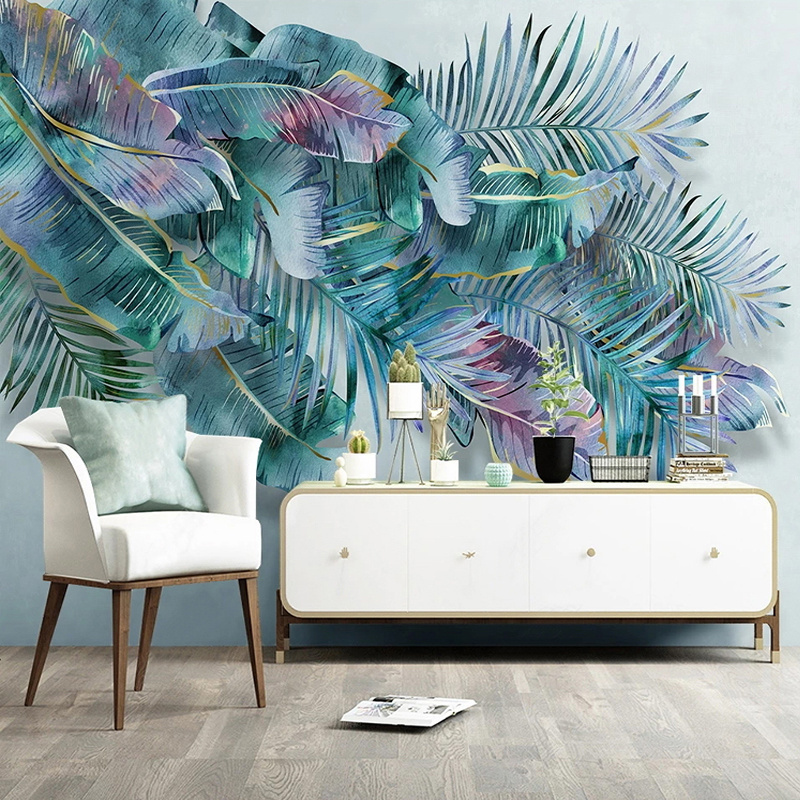 KOMNNI Custom 3D Wall Mural Modern Hand Painted Light Luxury Tropical Plant Leaves Peel And Stick Wallpaper