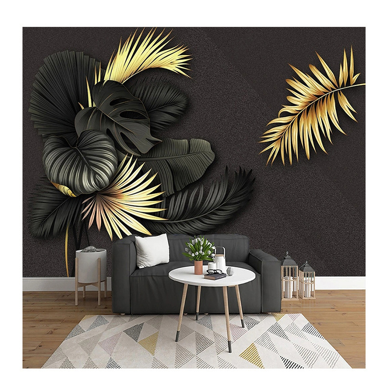 KOMNNI Custom 3D Wall Mural Nordic black Gold Tropical Plants Mural Geometry Wallpaper Living Room Background Wall Mural