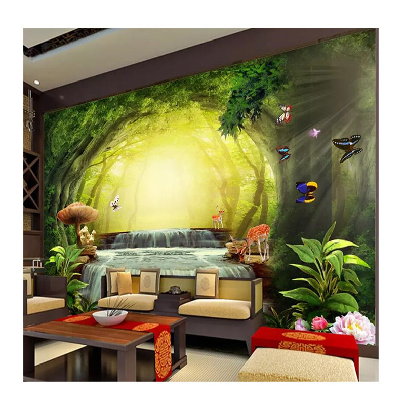 KOMNNI Custom Peel And Stick Wallpaper Fantasy Forest Big Tree Mushroom Deer Butterfly Waterfall Children Room Wall 3d Wallpaper