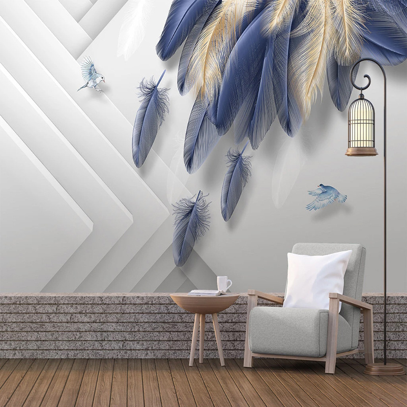 KOMNNI Modern Fashion Light Luxury Hand Painted 3D Mural Golden Blue Feather Geometric Peel And Stick Wall Mural Wallpaper