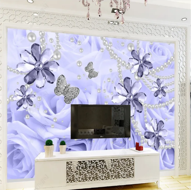 KOMNNI Modern Bedroom Wallpapers Purple Pearl Rose 3D Jewelry Wallpaper for Living Room Wall Paper Home Decor 3D Mural