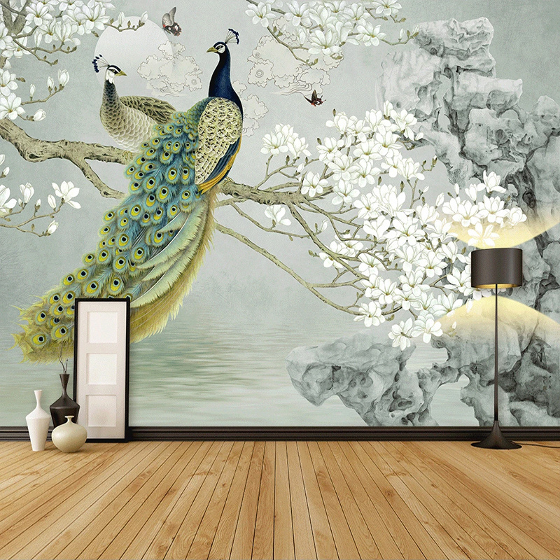 KOMNNI Custom Photo Mural Peel And Stick Wallpaper 3D Peacock Magnolia Flowers Wall Painting Living Room Background Home Decor