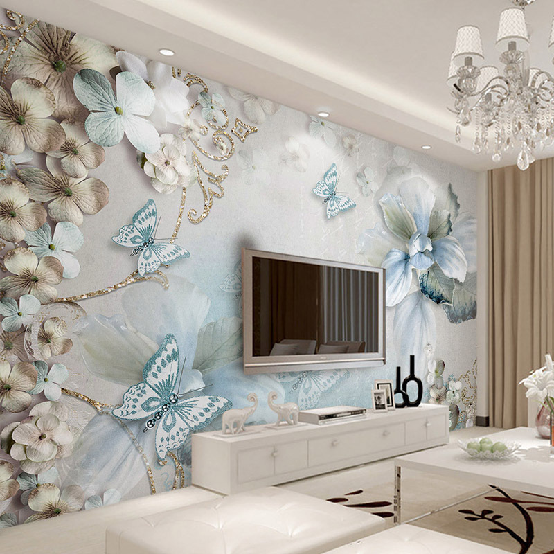 KOMNNI Modern 3d Butterfly Flowers Wallpaper Jewelry Murals Living Room Tv Sofa Bedroom 3d Wall Mural