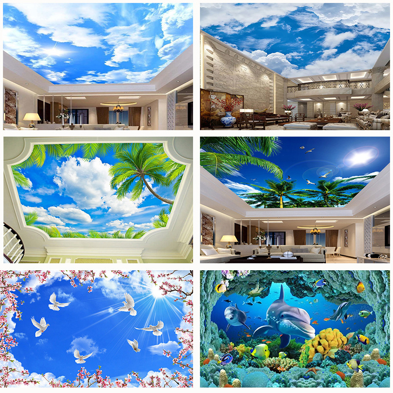 KOMNNI Custom 3D Ceiling Wall Mural Blue Sky White Cloud Pink Cherry Blossom Ceiling Mural Living Room Bedroom Wallpaper