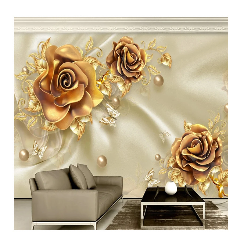 KOMNNI Custom Mural Wallpaper 3d Luxury Gold Jewelry Floral Wallpaper Living Room Bedroom Study Home Decor