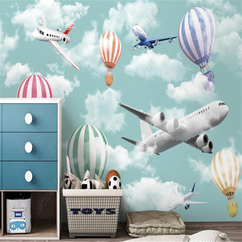 KOMNNI Modern Wallpaper Hot Air Balloon Airplane Cloud Sky Wallpaper Children's Room Background Wall Papers Home Decor Mural