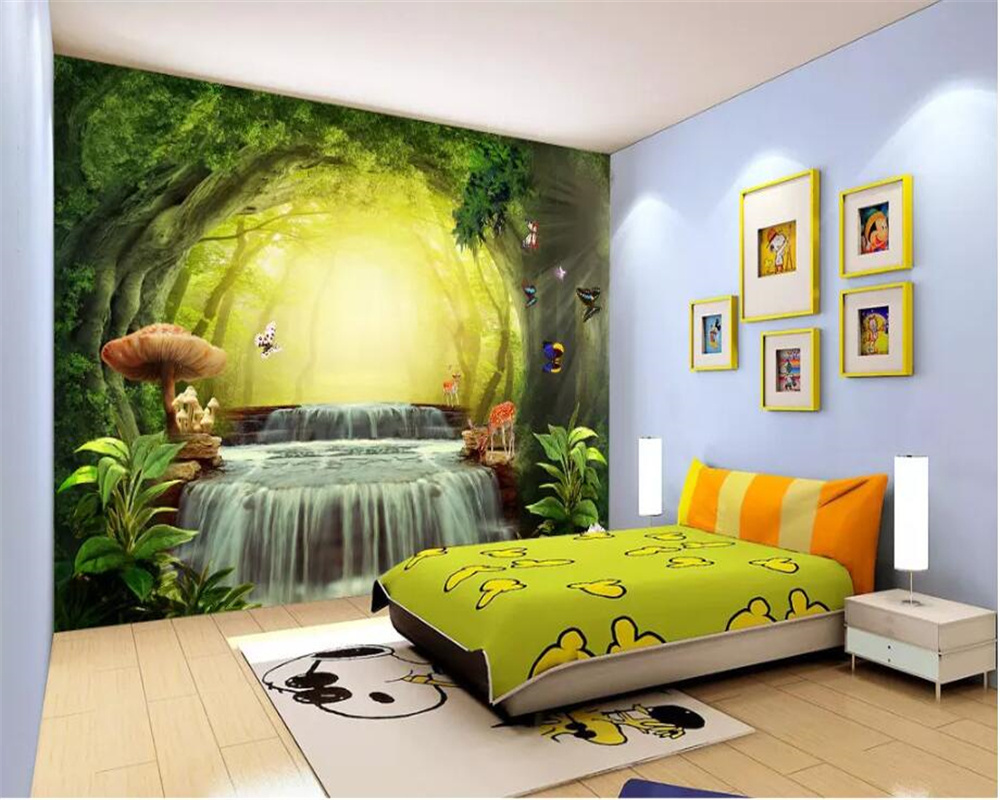 KOMNNI Custom Peel And Stick Wallpaper Fantasy Forest Big Tree Mushroom Deer Butterfly Waterfall Children Room Wall 3d Wallpaper