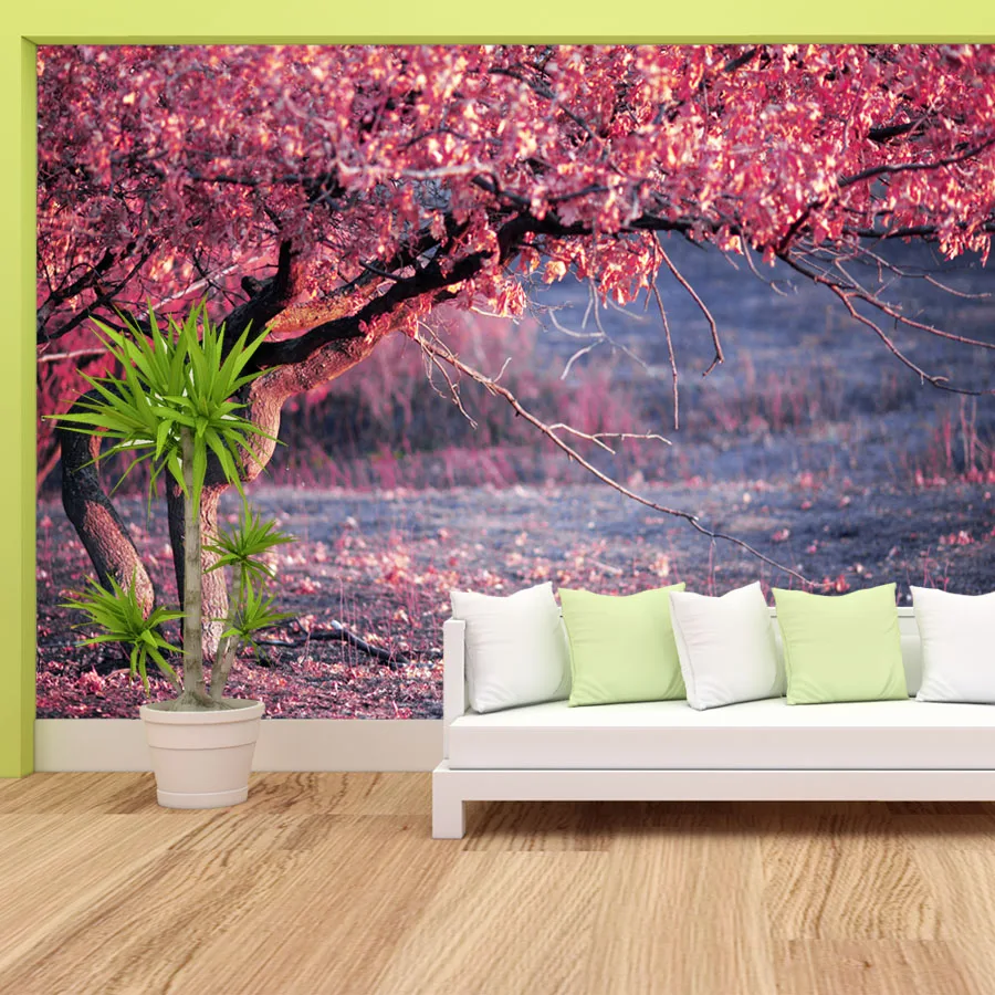 KOMNNI Custom Removable Tree Mural Cherry Blossoms Wallpapers For Living Room Tv Background Wall Mural Design Decor