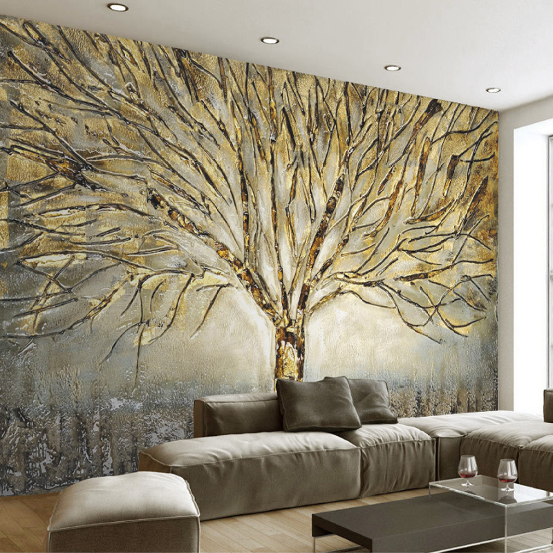 KOMNNI Modern Light Metal Embossed Self-Adhesive Wallpaper Fashion Tree Art Mural Living Room Interior Luxury Decoration