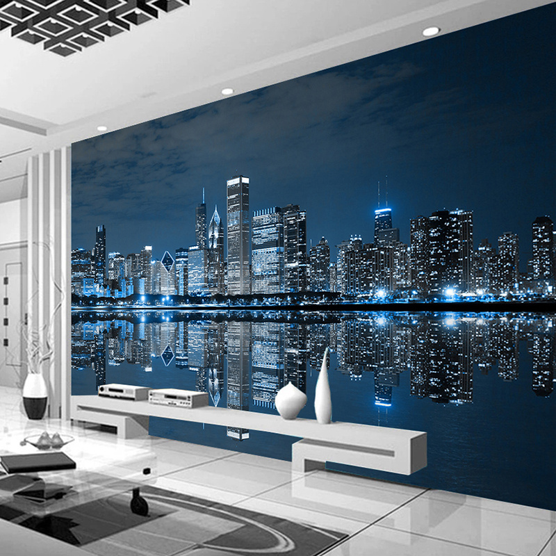 KOMNNI Custom Mural Wallpaper Black And White Night View City Building Mural Study Living Room Sofa TV Background 3D Wallpaper