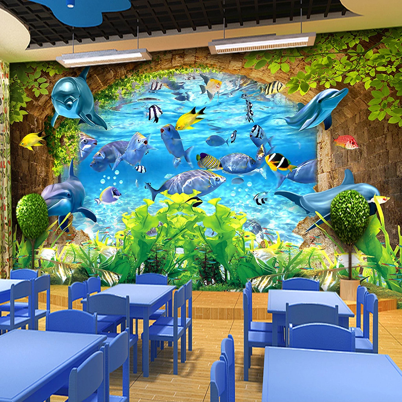 KOMNNI Underwater World Ocean Dolphin Fish Custom 3D Photo For Kids Room Bedroom Kindergarten Cartoon Decoration Mural Wallpaper