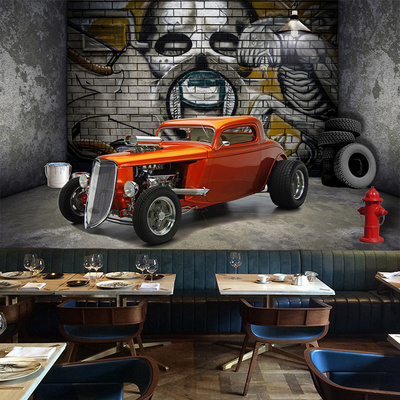 KOMNNI brick wall mural Wallpaper Creative Stereoscopic Space Car Skull Street Graffiti Art Restaurant Background Wall Painting