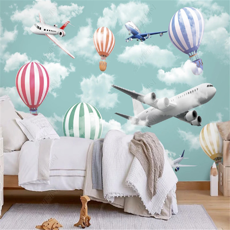 KOMNNI Modern Wallpaper Hot Air Balloon Airplane Cloud Sky Wallpaper Children's Room Background Wall Papers Home Decor Mural