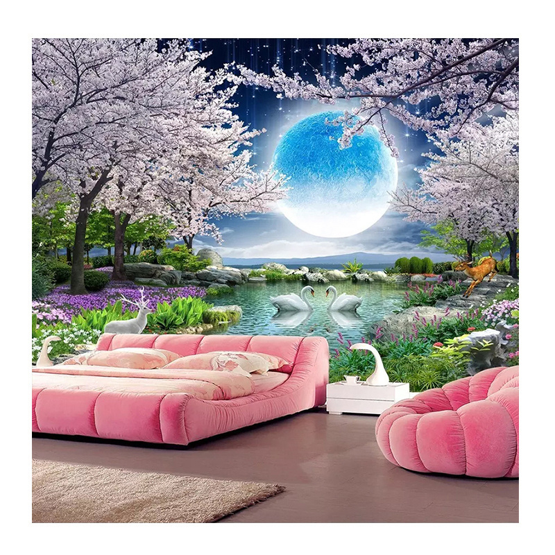 KOMNNI Custom Wall Paper Moon Cherry Blossom Tree Nature Landscape Wall Mural Living Room Bedroom Wallpaper Home Decor