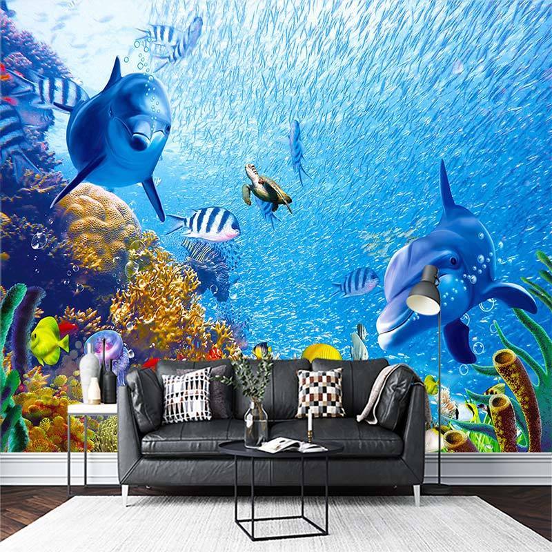 KOMNNI Custom Underwater World Blue Sea Fish Dolphin Class Photo Wallpaper Customized 3D Mural Children's Bedroom