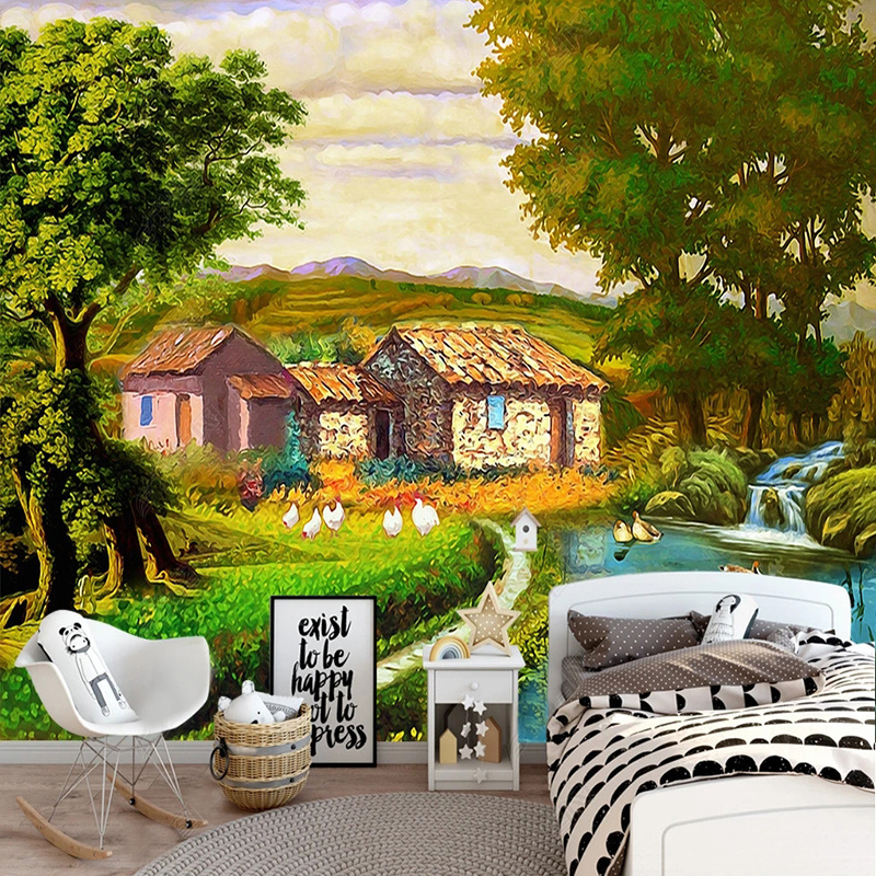 KOMNNI Custom Nordic Retro Pastoral Countryside Oil Painting Wall Mural Wallpaper For Bedroom Living Room nursery wall mural