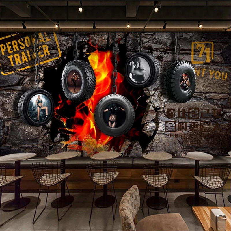 KOMNNI wall murals wholesale Retro Style Broken Wall Tire Fitness Photo Wall Paper 3D Gym Fitness Club Decor Mural Wallpaper