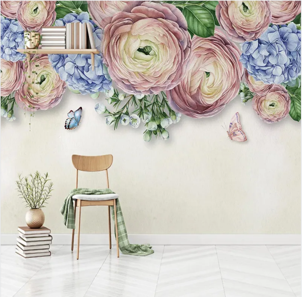 KOMNNI Custom 3D Mural Modern Hand Painted Flower Butterfly Wallpaper Pastoral Bedroom Living Room Decoration Wallpaper