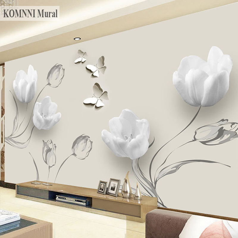 KOMNNI Custom  Wallpaper Modern 3D Stereo Tulip Butterfly Flowers self adhesive Mural Fashion Living Room Home Decor Wall Papers