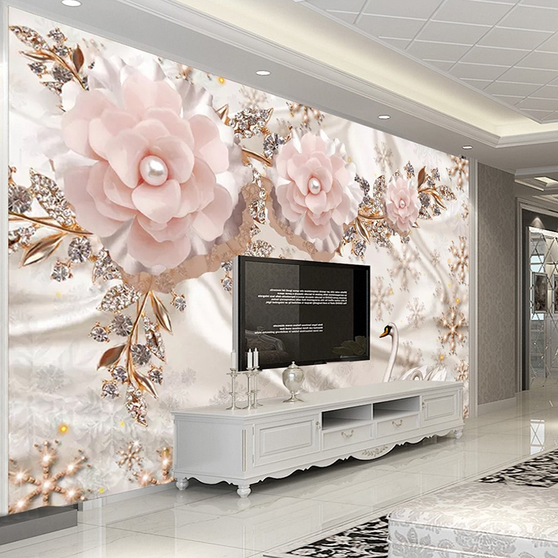 KOMNNI Customized 3d Wallpaper Flowers Mural  Luxury  Wallpaper Swan Jewelry Flower Mural Living Room Wall Decorative Mural