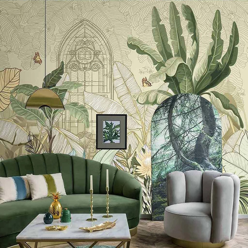 KOMNNI Custom Mural Hand Painted Banana Tree Leaves Wallpaper European Style Wall Mural Living Room Bedroom Decoration Wallpaper