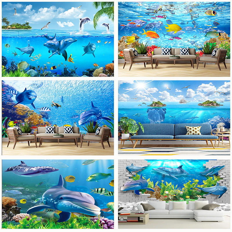 KOMNNI Custom Underwater World Blue Sea Fish Dolphin Class Photo Wallpaper Customized 3D Mural Children's Bedroom