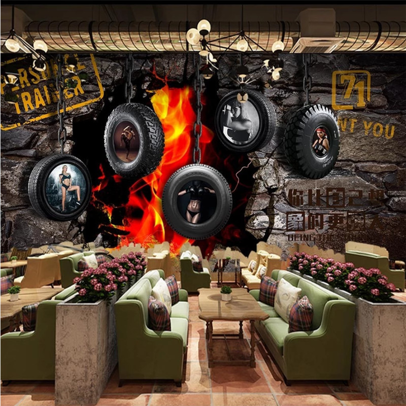 KOMNNI wall murals wholesale Retro Style Broken Wall Tire Fitness Photo Wall Paper 3D Gym Fitness Club Decor Mural Wallpaper