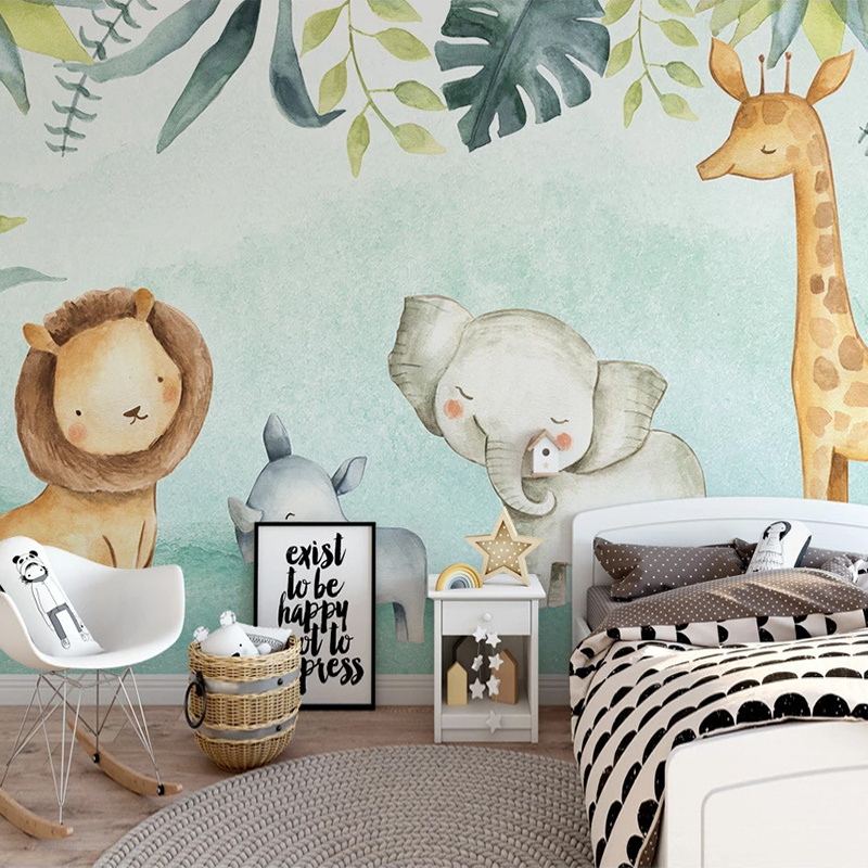 KOMNNI Custom Cute Elephant Lion 3d Mural Boys Bedroom Kindergarten Children Room Animal Wallpaper Decor Poster Wall Mural