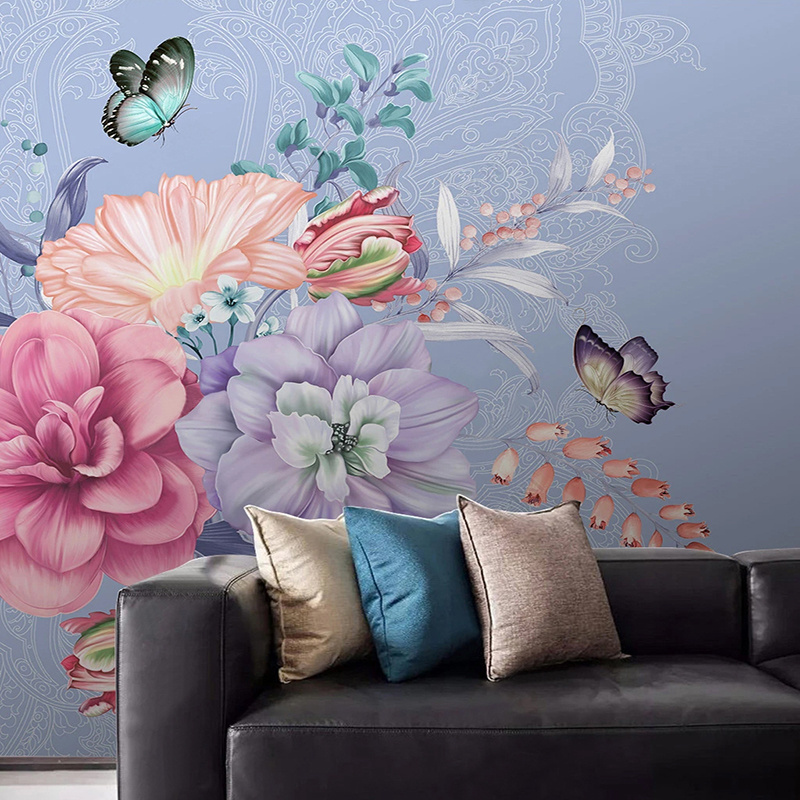 KOMNNI Custom Mural Wallpaper Nordic Hand Painted Flowers Butterflies Marble Wall Painting Living Room Wall Mural Home Decor