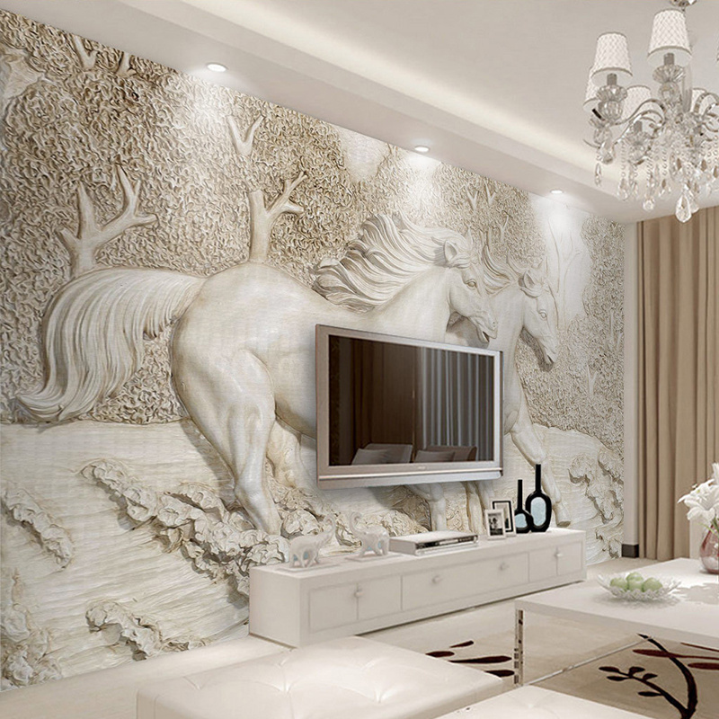 KOMNNI Wallpaper 3D Stereo Relief White Horse Peel And Stick Wall Murals Classic Living Room TV Backdrop Home Decor Wall Mural