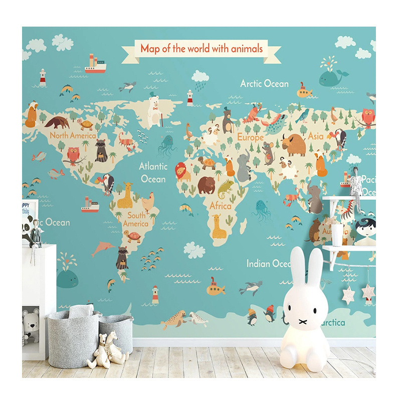 KOMNNI Custom 3d Cartoon Wallpaper Animal World Map Mural Children Room Kids Bedroom Background Mural