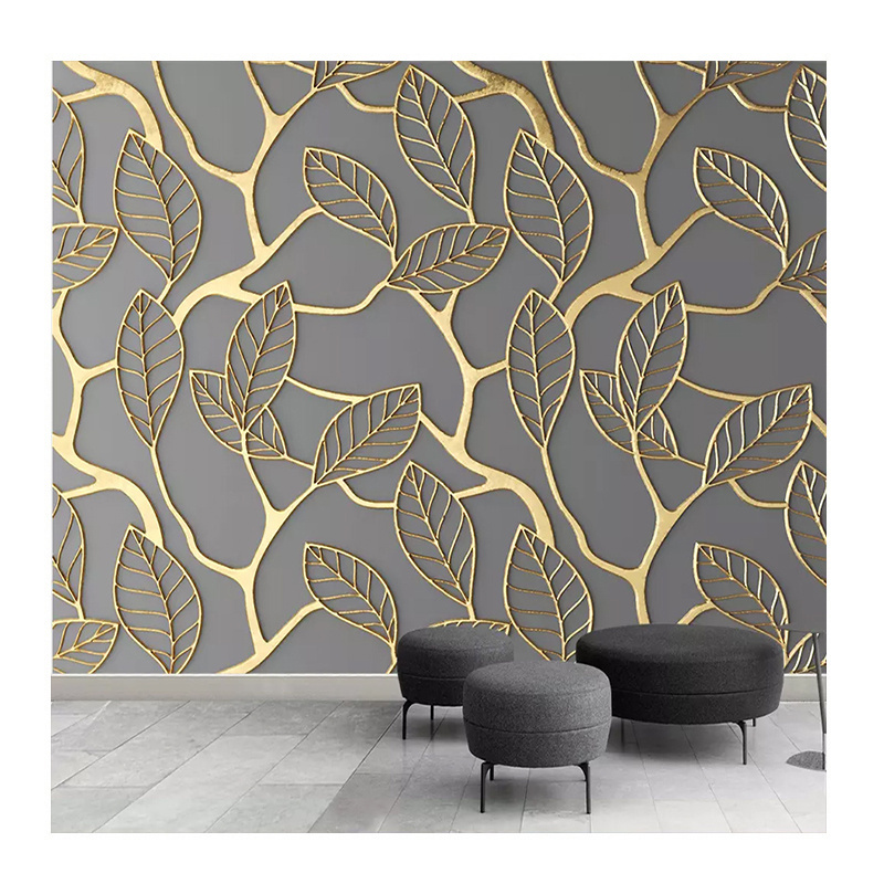 KOMNNI Custom Self-Adhesive Wall Mural 3d Gold Leaves Mural Living Room Bedroom Decoration Wall Paper Fresco