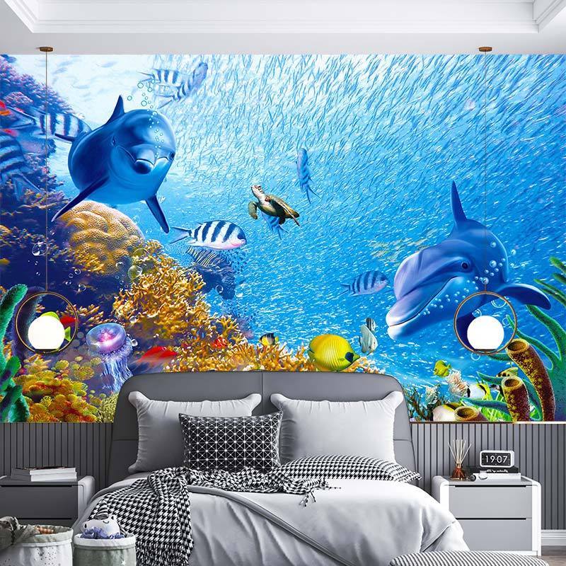 KOMNNI Custom Underwater World Blue Sea Fish Dolphin Class Photo Wallpaper Customized 3D Mural Children's Bedroom