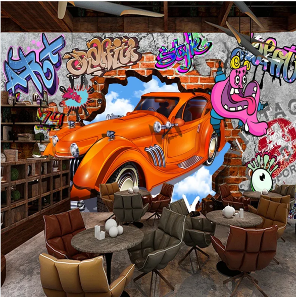 KOMNNI Custom Size Mural 3d Nostalgic Graffiti Wallpaper Brick Wall Car Bar Restaurant Background Wall Mural Decor