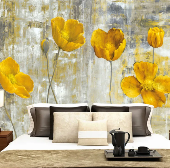 KOMNNI European Style Wallpaper Vintage Yellow Flower Backdrop Wall Mural Wallpaper Hotel Gallery Dining Room Art Wallpaper