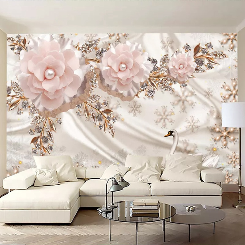 KOMNNI Customized 3d Wallpaper Flowers Mural  Luxury  Wallpaper Swan Jewelry Flower Mural Living Room Wall Decorative Mural